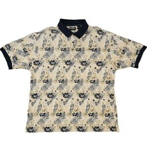 Ping Collection Mens XL Polo Shirt Navy Cream Tropical Floral Palm Leaf Print‎